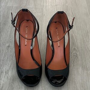 Via Spiga Black Patent Peep Toe Heels